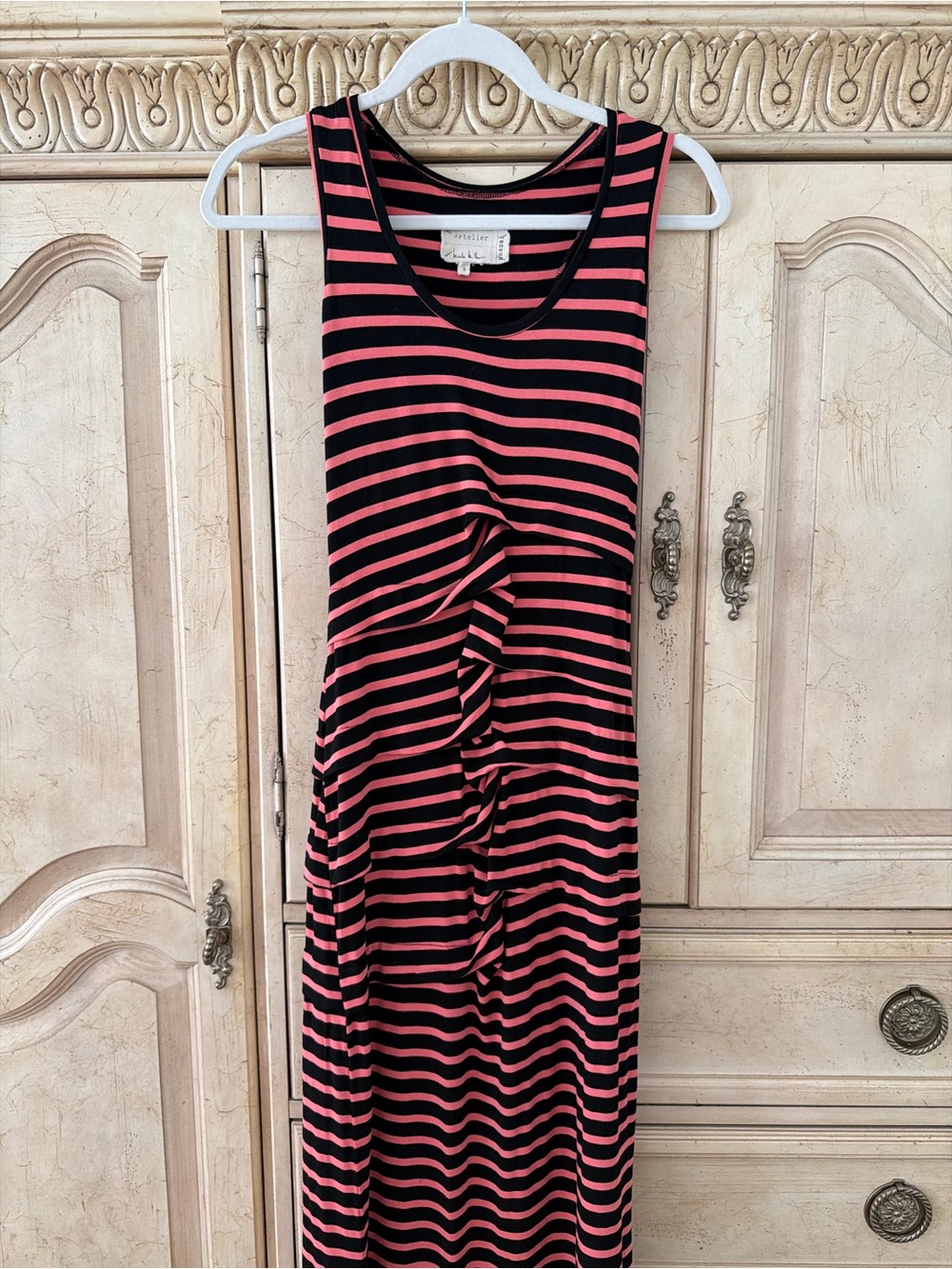 Nicole Miller Black and Pink Striped Ruched Tank Maxi Dress